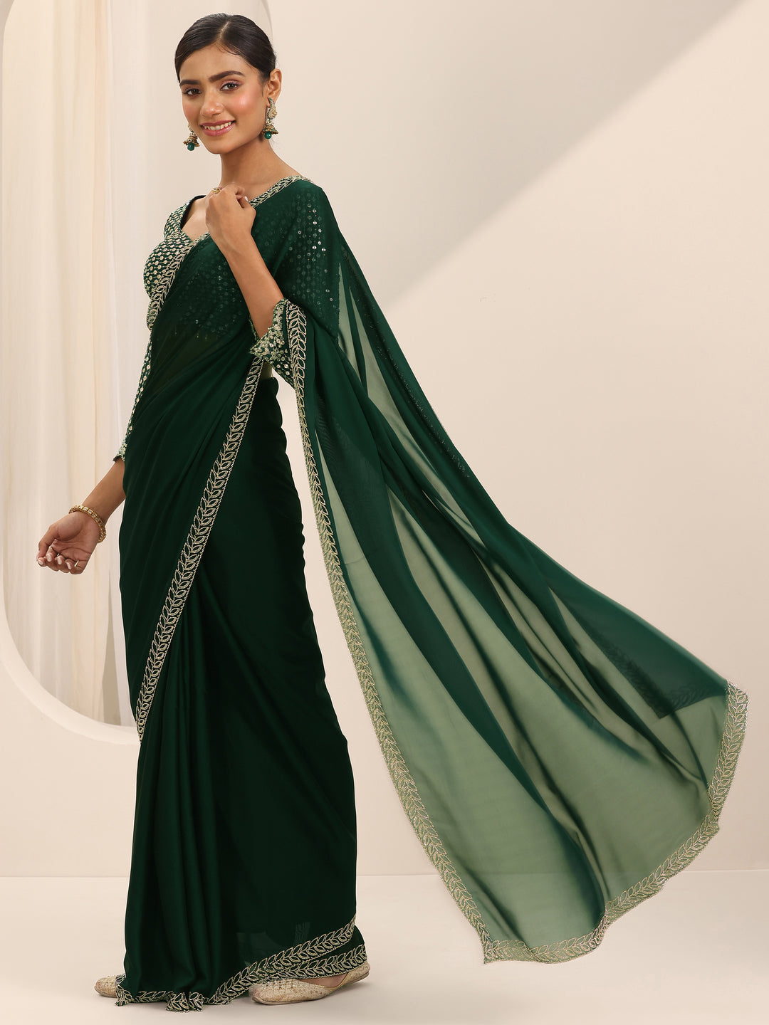  Green Solid Satin Saree With Unstitched Blouse Piece 