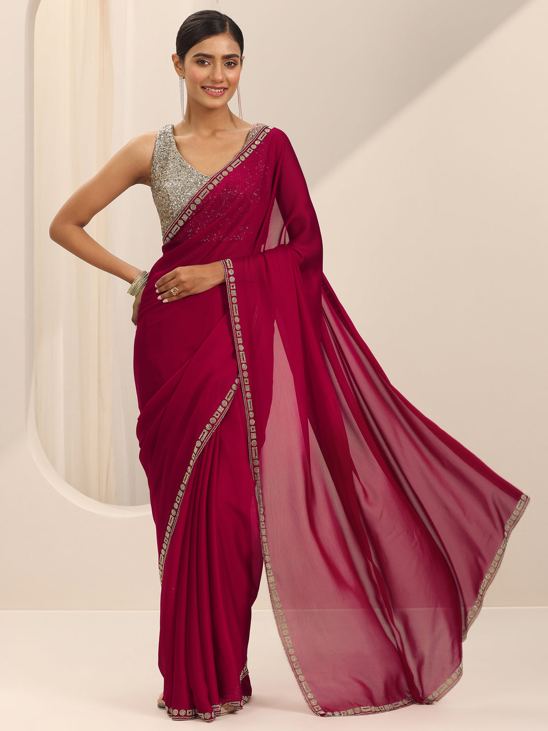  Red Solid Satin Saree With Unstitched Blouse Piece 