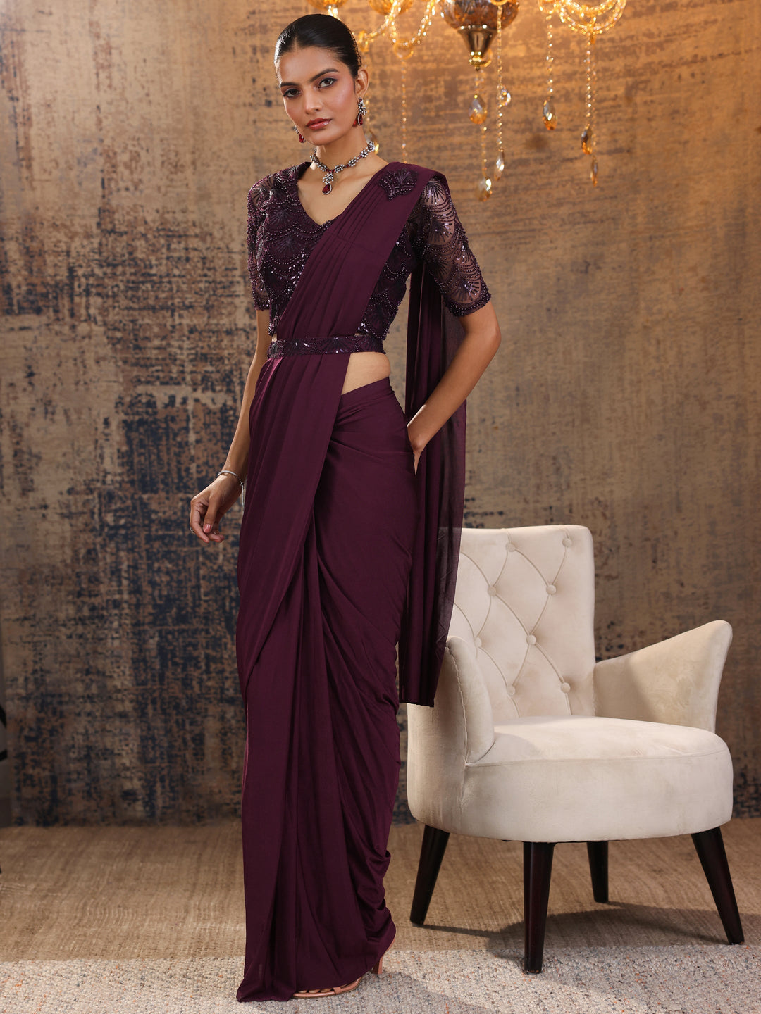  Burgundy Printed Nylon Saree With Unstitched Blouse Piece 
