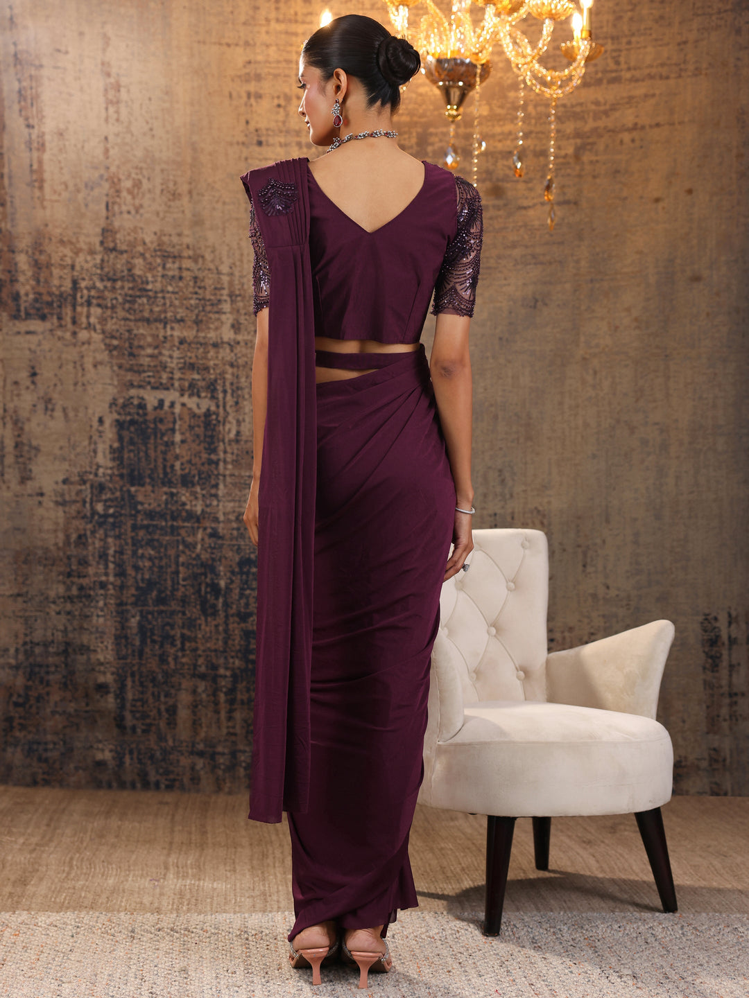  Burgundy Printed Nylon Saree With Unstitched Blouse Piece 