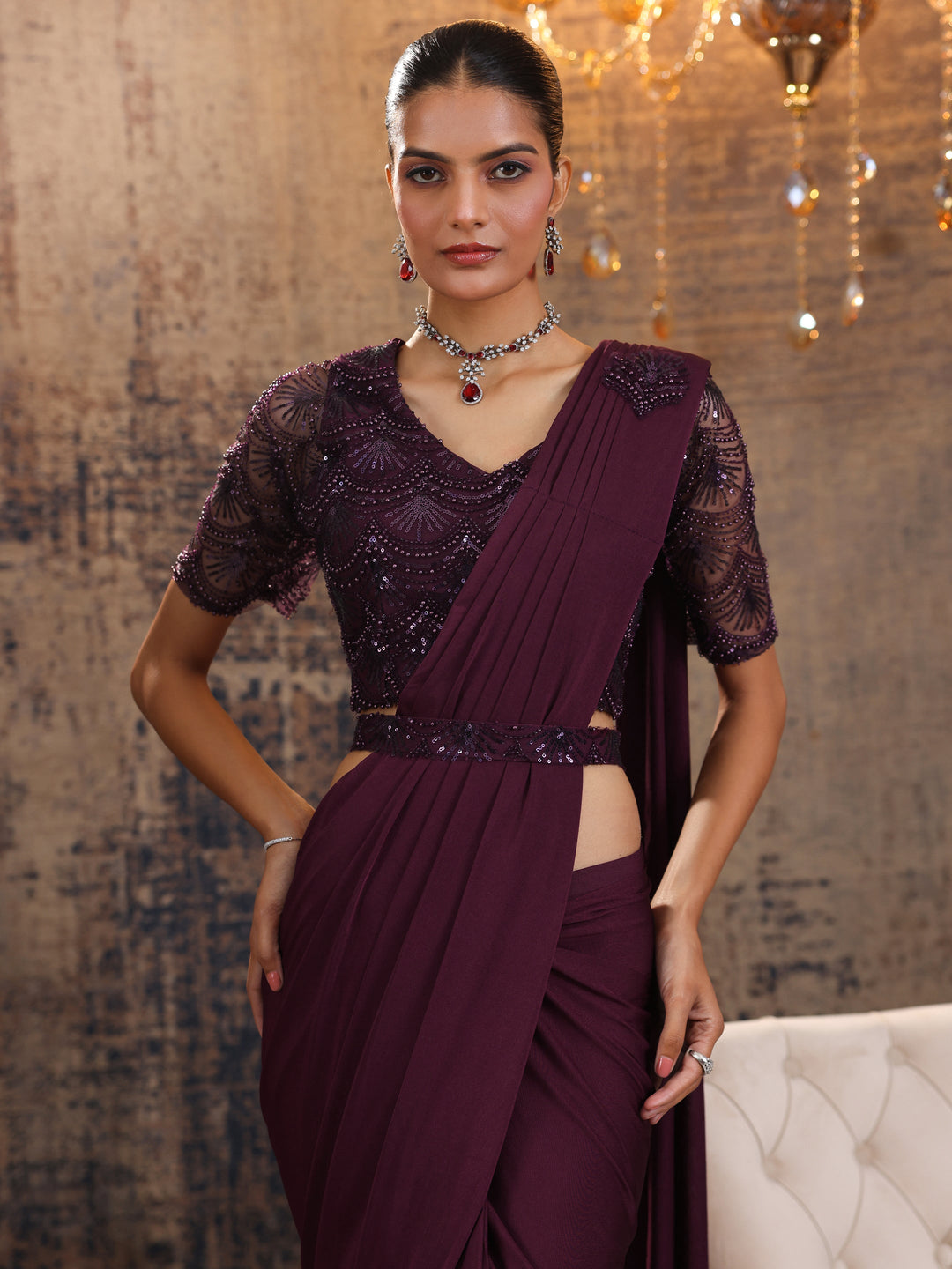  Burgundy Printed Nylon Saree With Unstitched Blouse Piece 