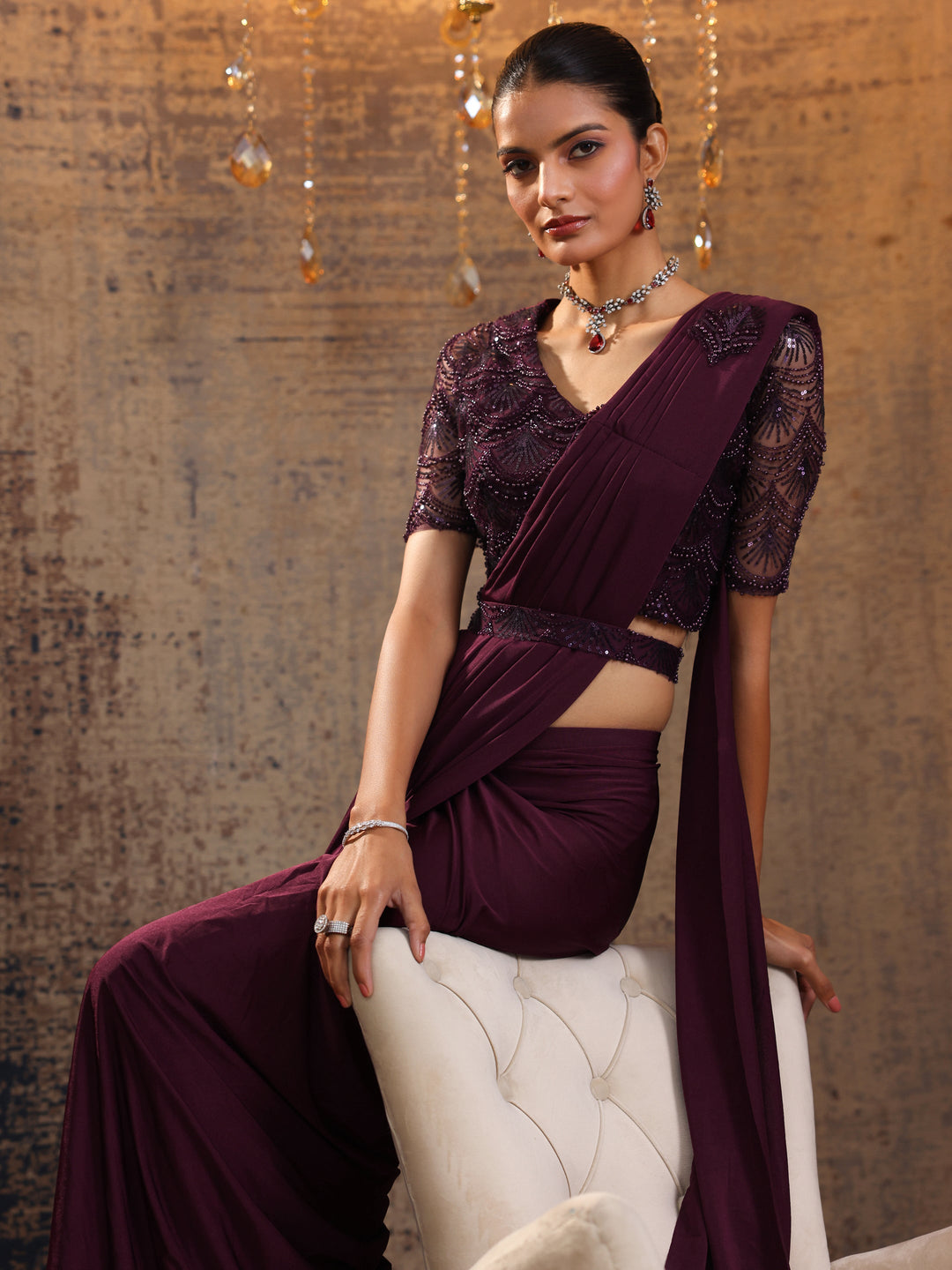  Burgundy Printed Nylon Saree With Unstitched Blouse Piece 