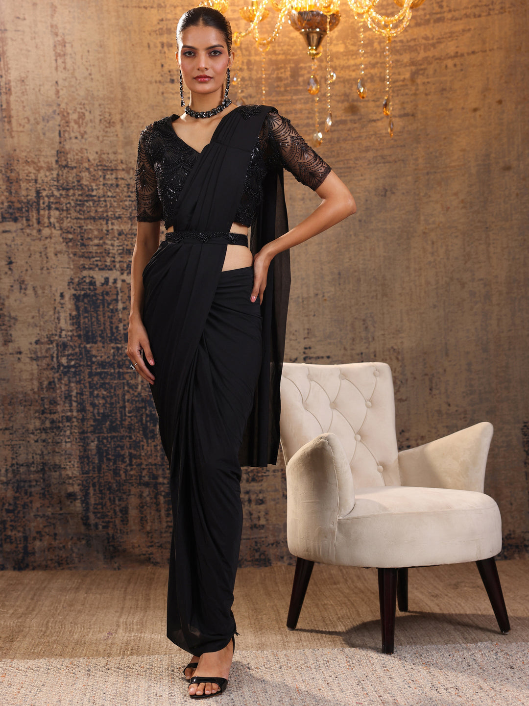  Black Printed Nylon Saree With Unstitched Blouse Piece 