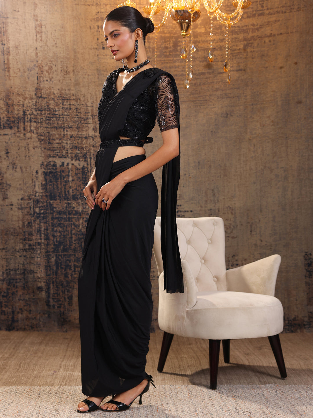 Black Printed Nylon Saree With Unstitched Blouse Piece 