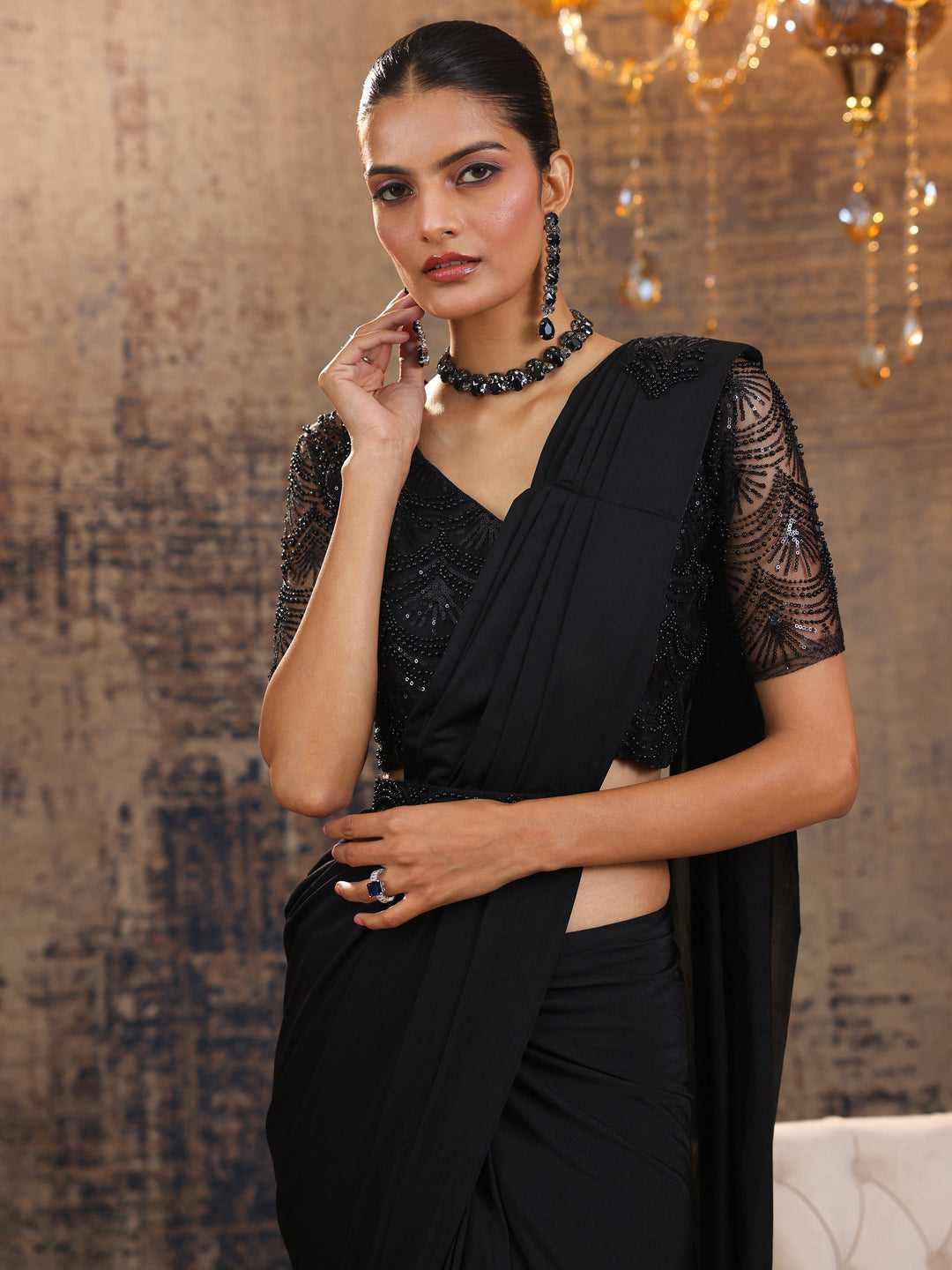  Black Printed Nylon Saree With Unstitched Blouse Piece 