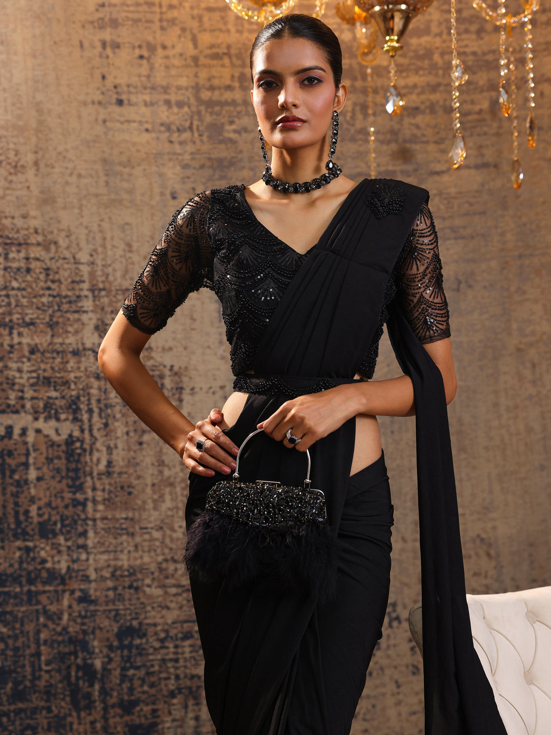  Black Printed Nylon Saree With Unstitched Blouse Piece 