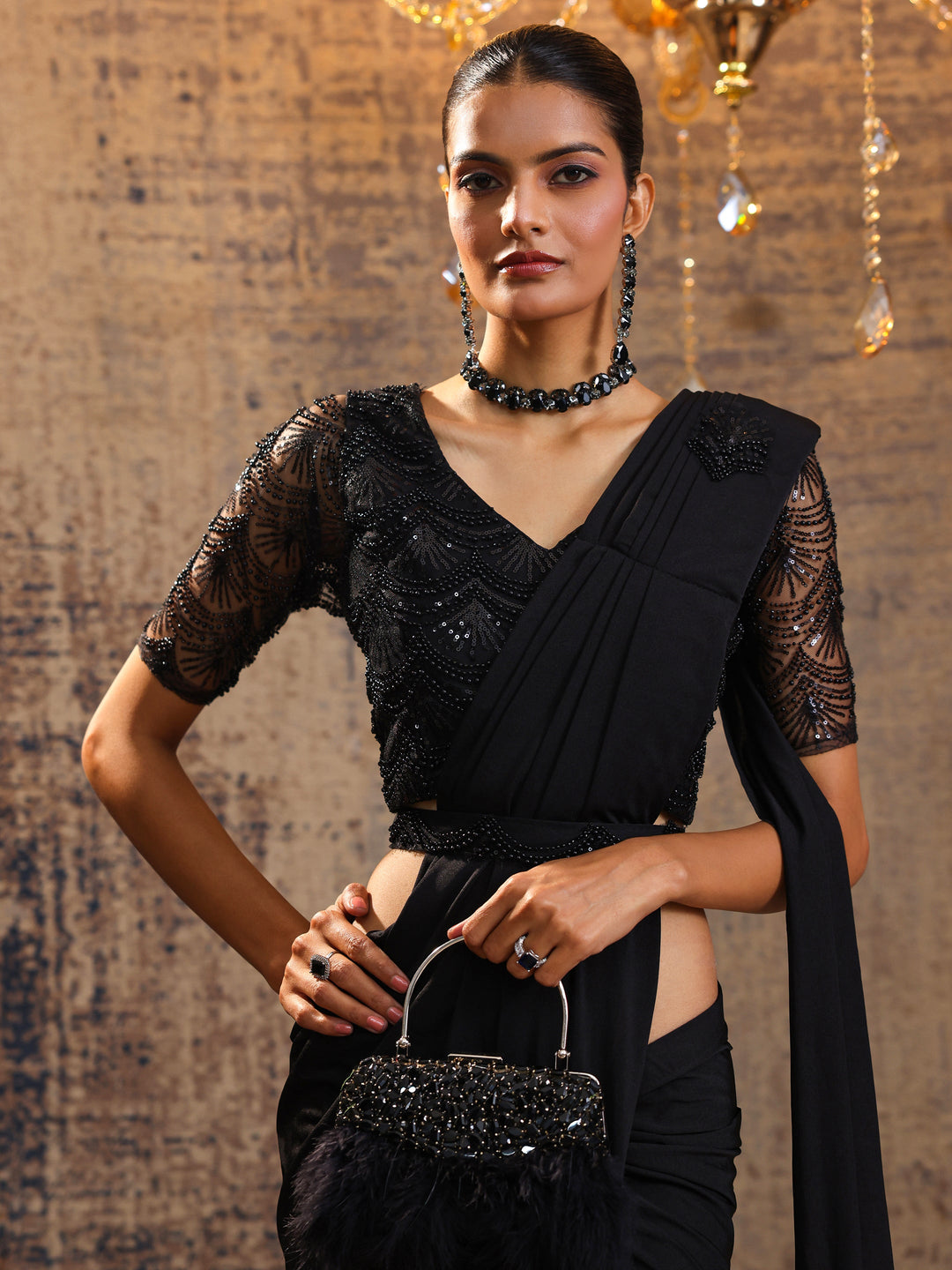  Black Printed Nylon Saree With Unstitched Blouse Piece 