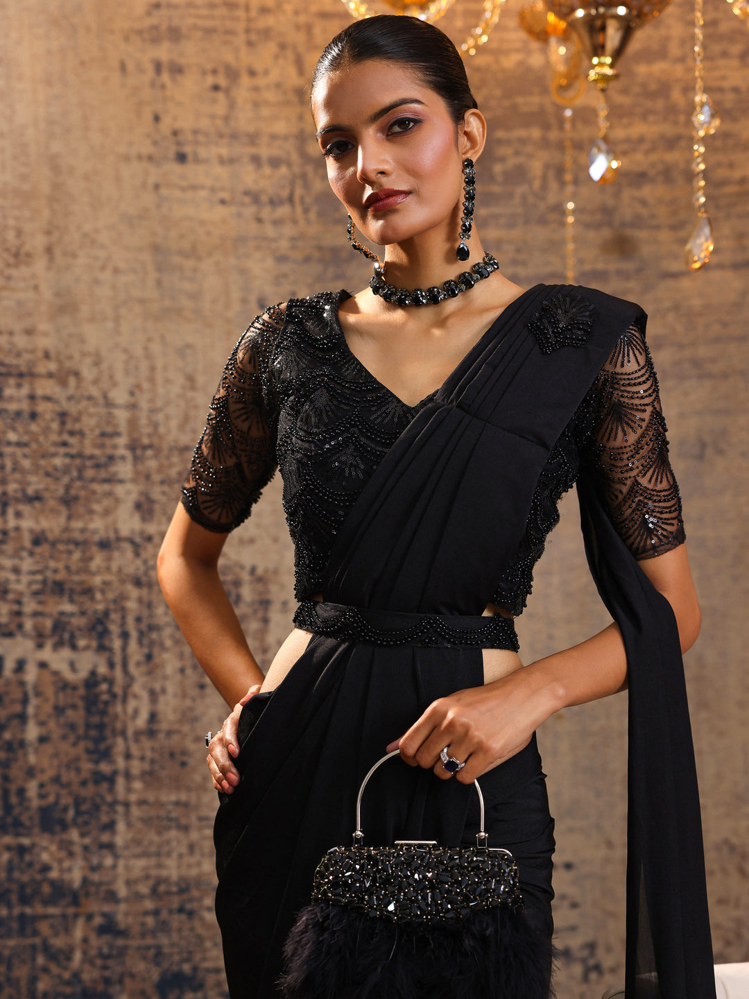  Black Printed Nylon Saree With Unstitched Blouse Piece 