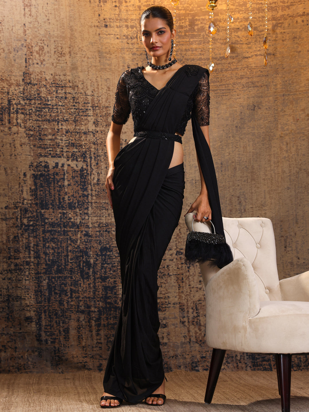  Black Printed Nylon Saree With Unstitched Blouse Piece 