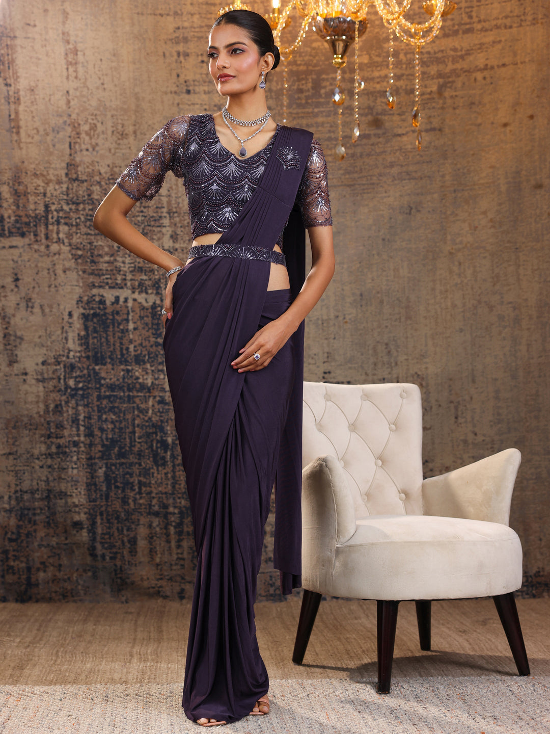  Purple Printed Nylon Saree With Unstitched Blouse Piece 