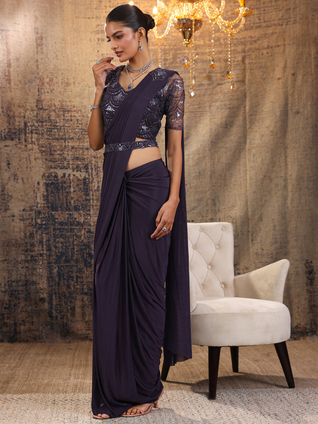  Purple Printed Nylon Saree With Unstitched Blouse Piece 