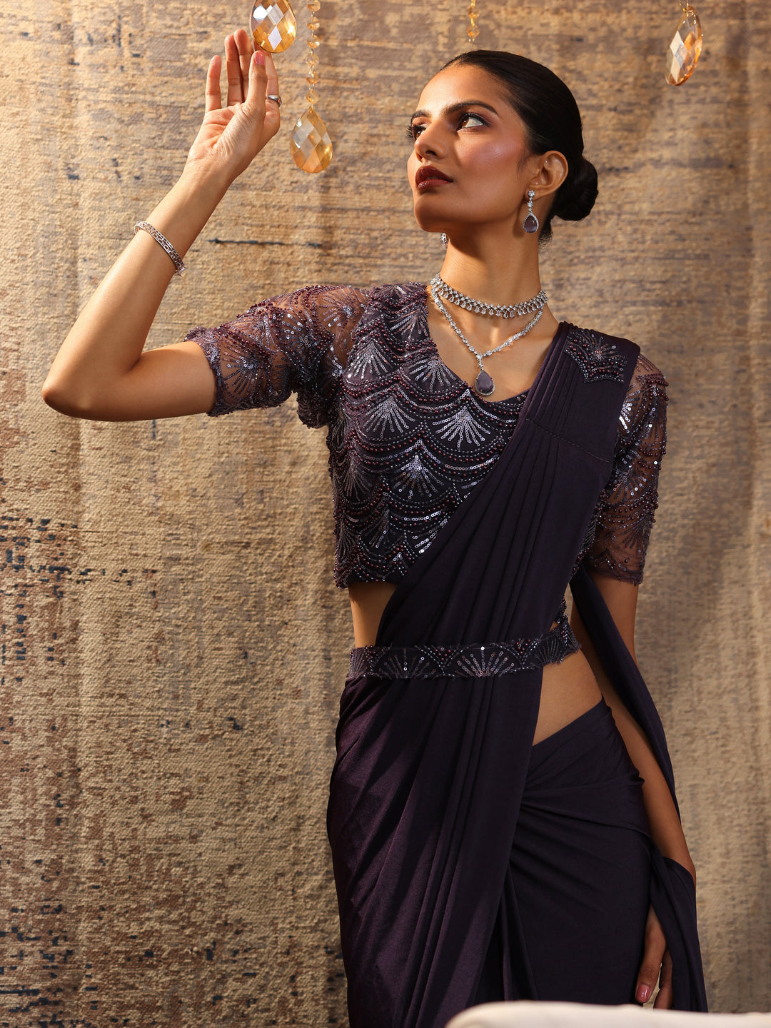  Purple Printed Nylon Saree With Unstitched Blouse Piece 