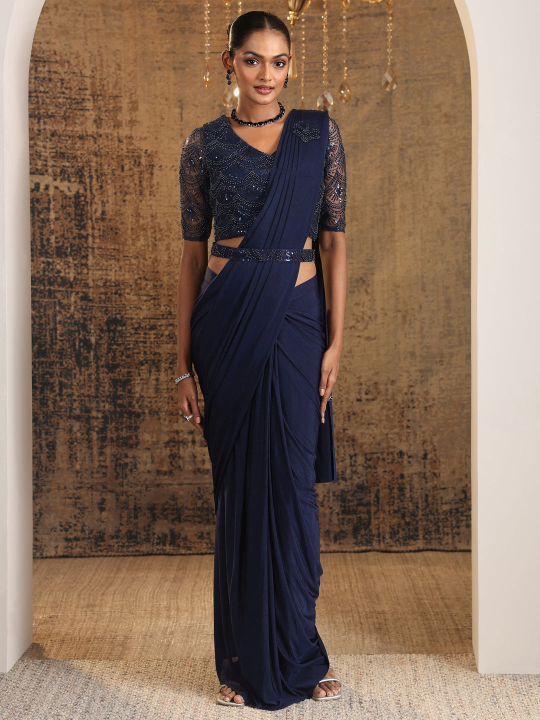  Libas Art Navy Blue Embellished Nylon Ready to Wear Saree 