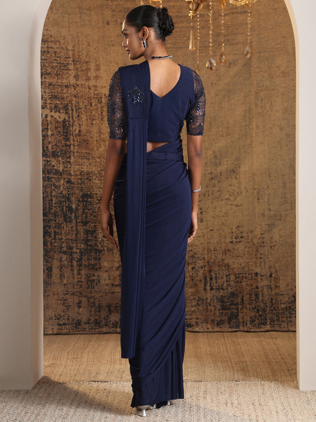  Libas Art Navy Blue Embellished Nylon Ready to Wear Saree 