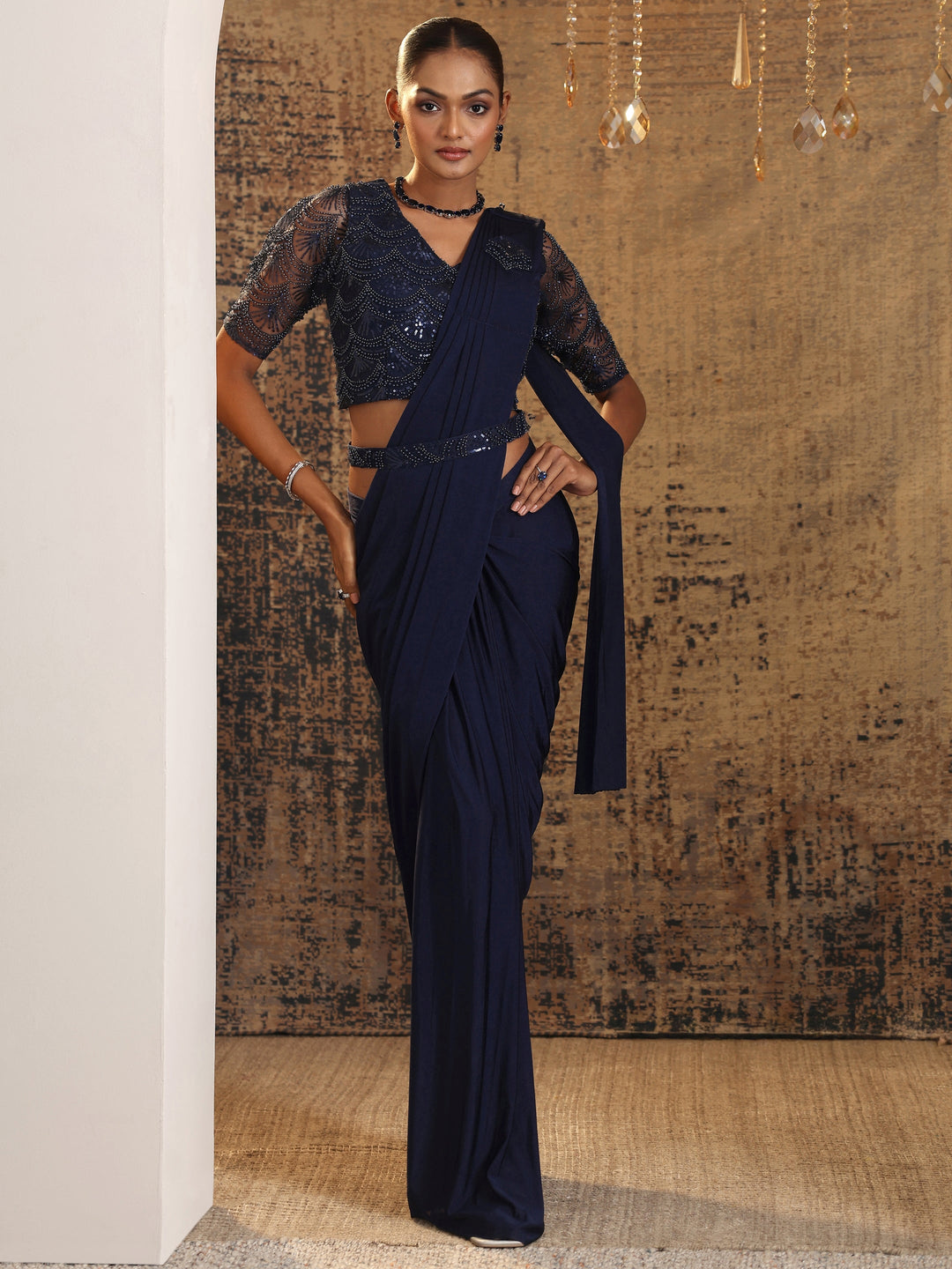  Libas Art Navy Blue Embellished Nylon Ready to Wear Saree 
