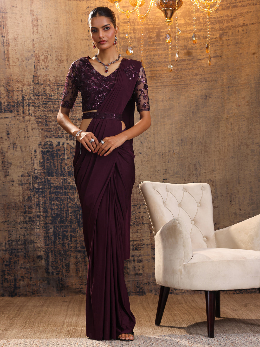  Burgundy Embellished Nylon Saree With Unstitched Blouse Piece 