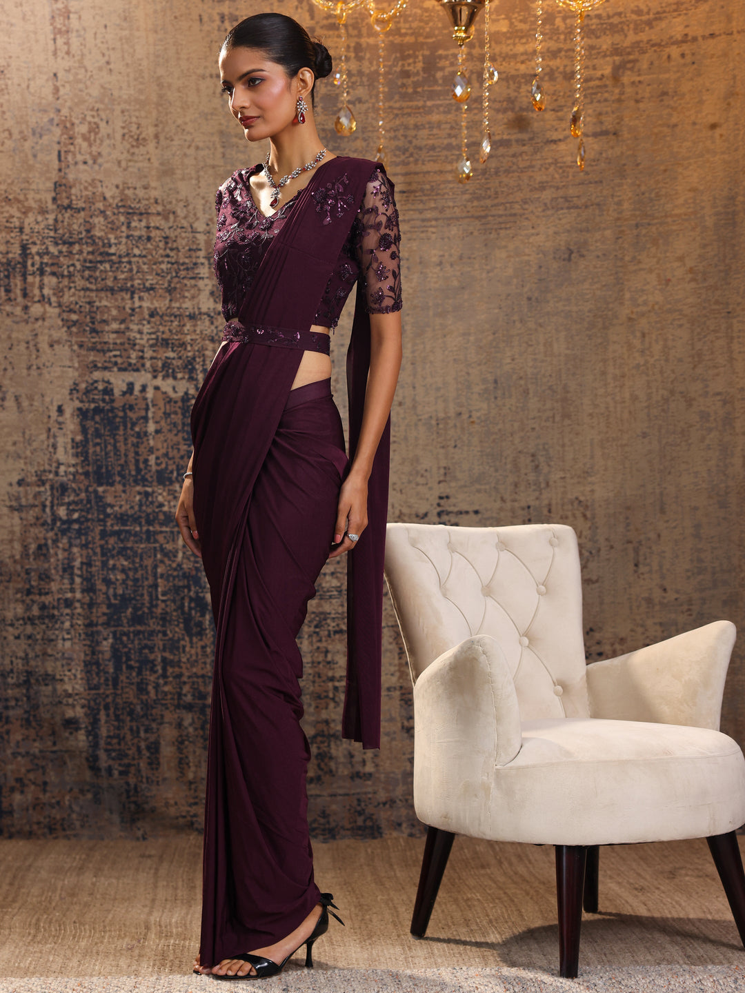  Burgundy Embellished Nylon Saree With Unstitched Blouse Piece 