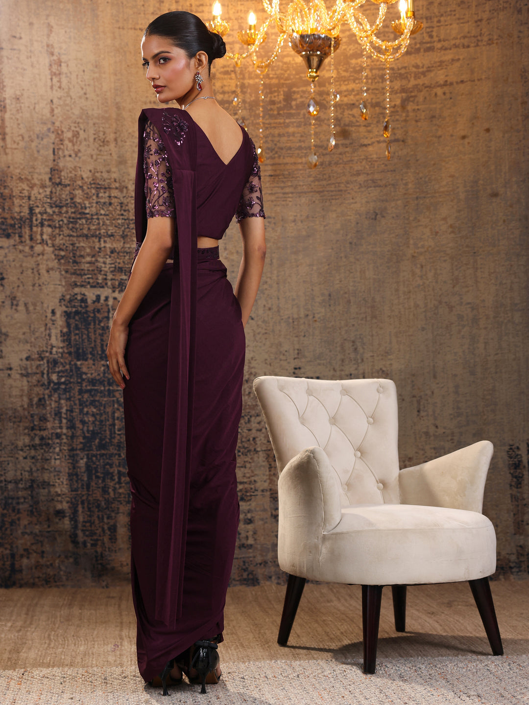  Burgundy Embellished Nylon Saree With Unstitched Blouse Piece 