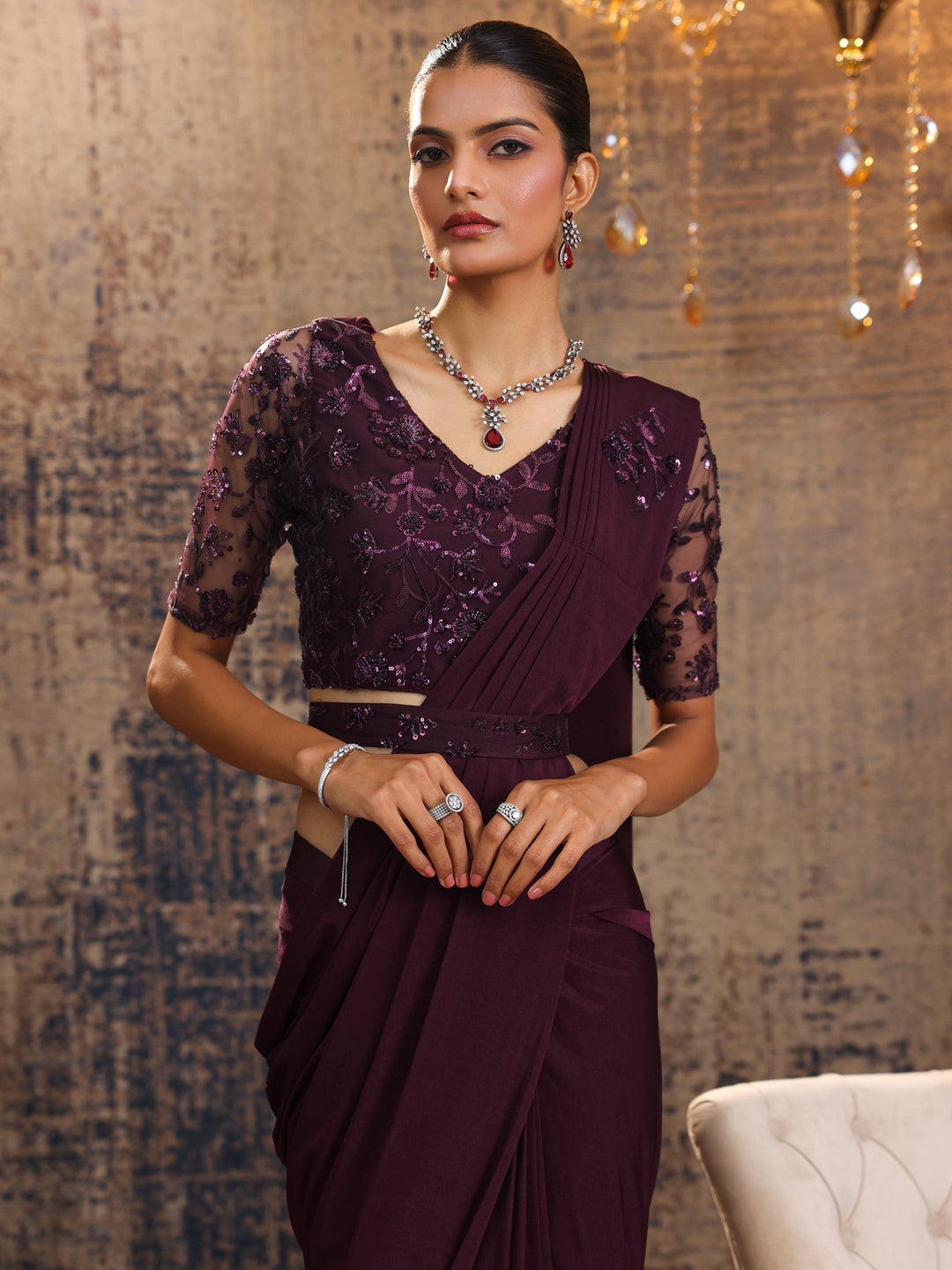  Burgundy Embellished Nylon Saree With Unstitched Blouse Piece 