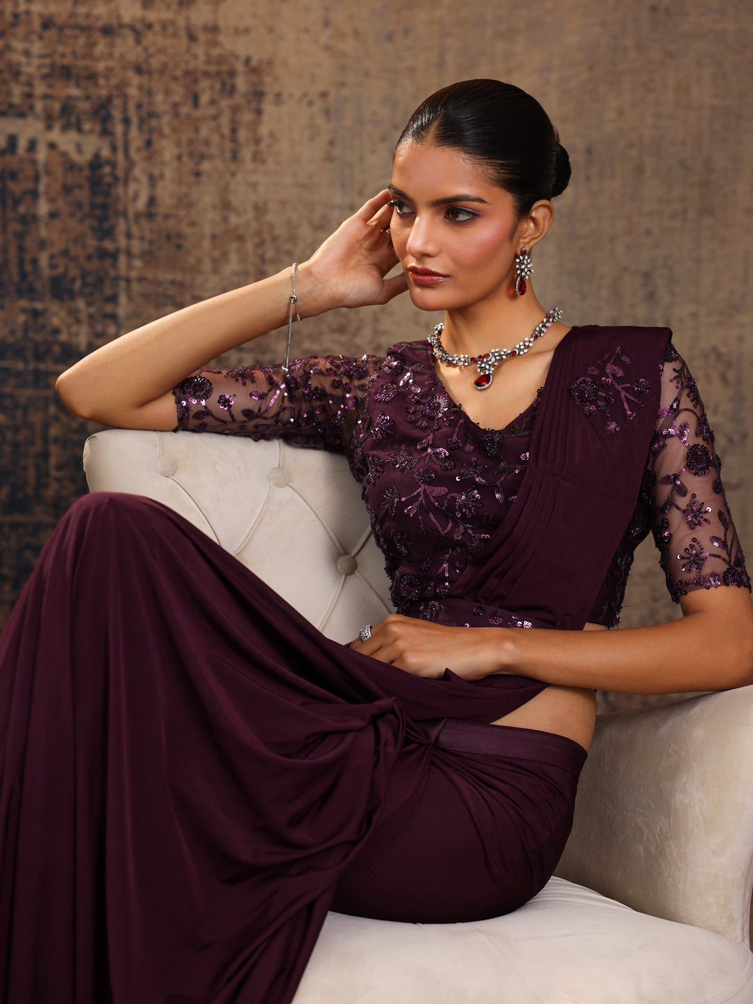  Burgundy Embellished Nylon Saree With Unstitched Blouse Piece 