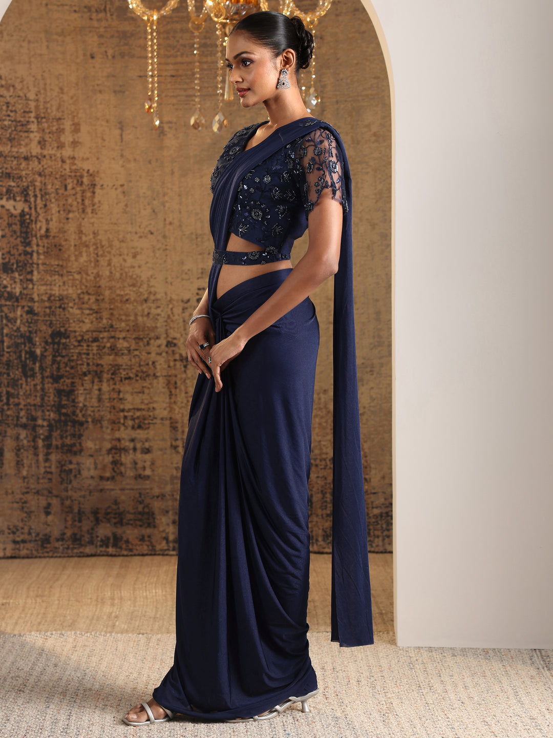  Libas Art Navy Blue Embellished Nylon Ready to Wear Saree 