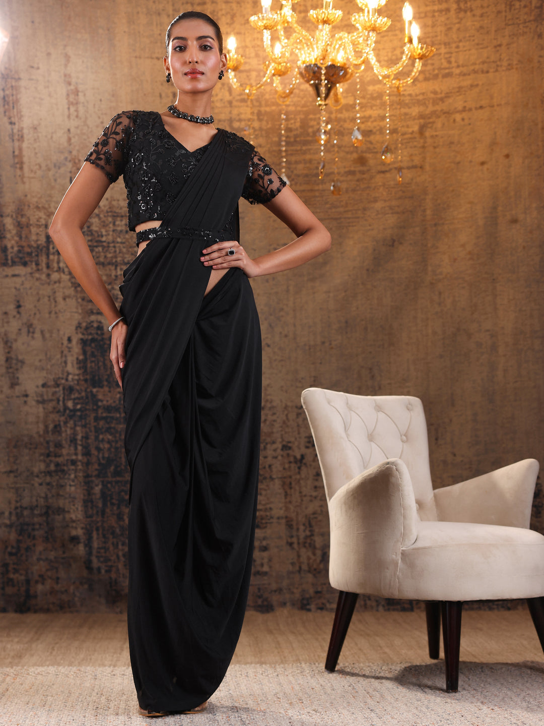 Black Printed Nylon Ready to Wear Saree