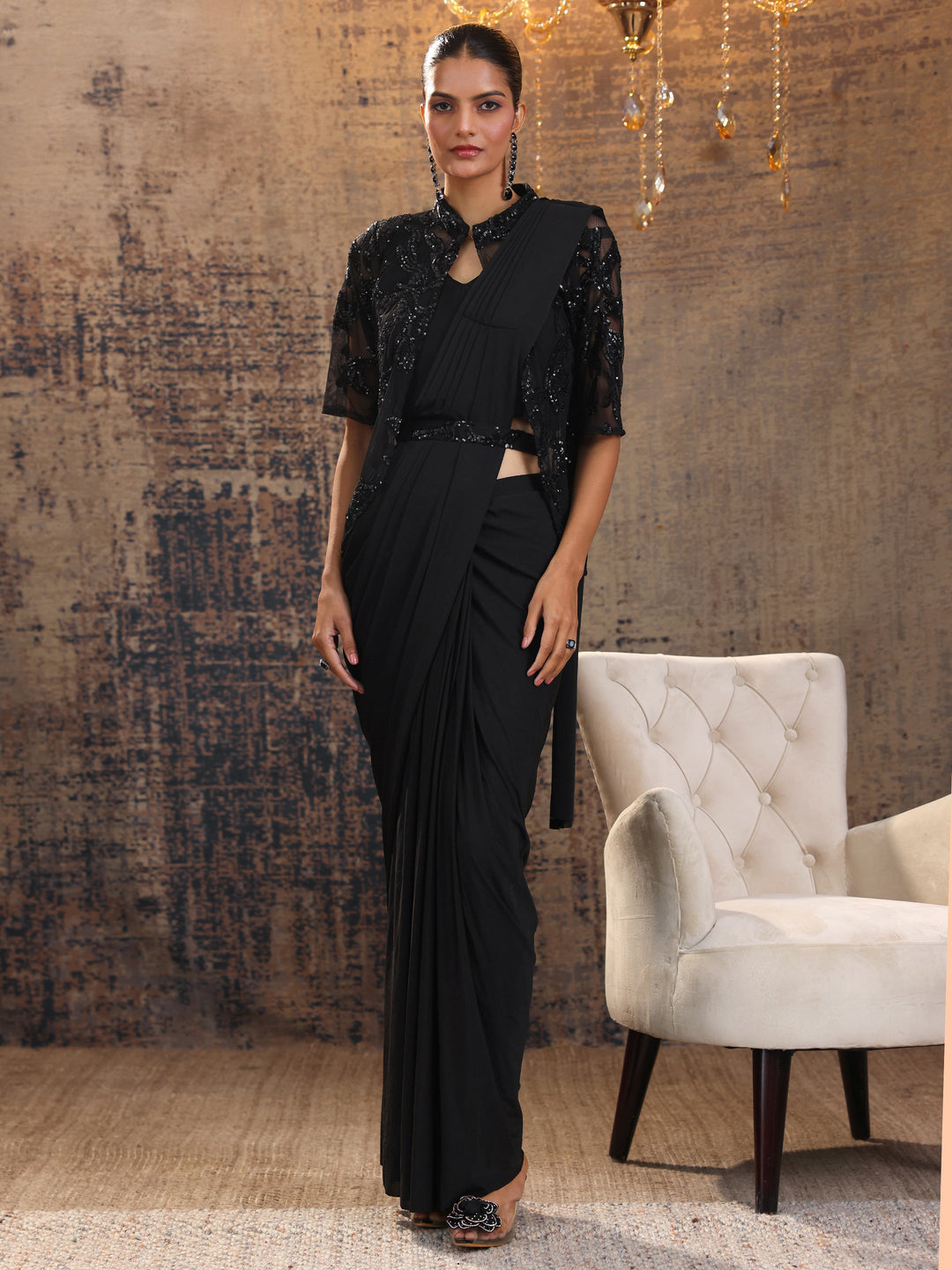  Black Embellished Nylon Saree With Unstitched Blouse Piece 