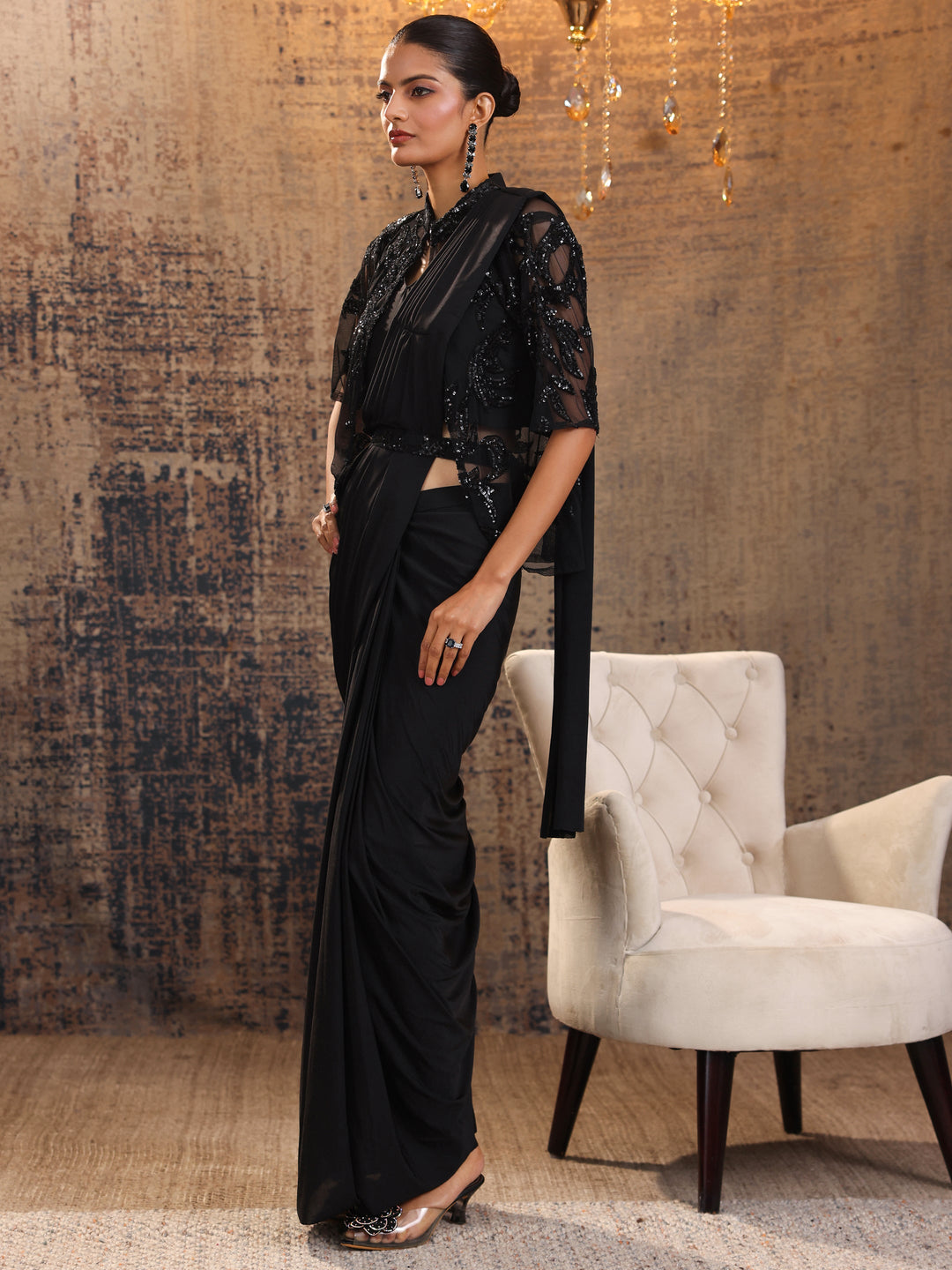  Black Embellished Nylon Saree With Unstitched Blouse Piece 