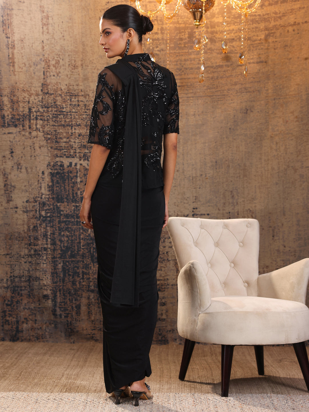  Black Embellished Nylon Saree With Unstitched Blouse Piece 