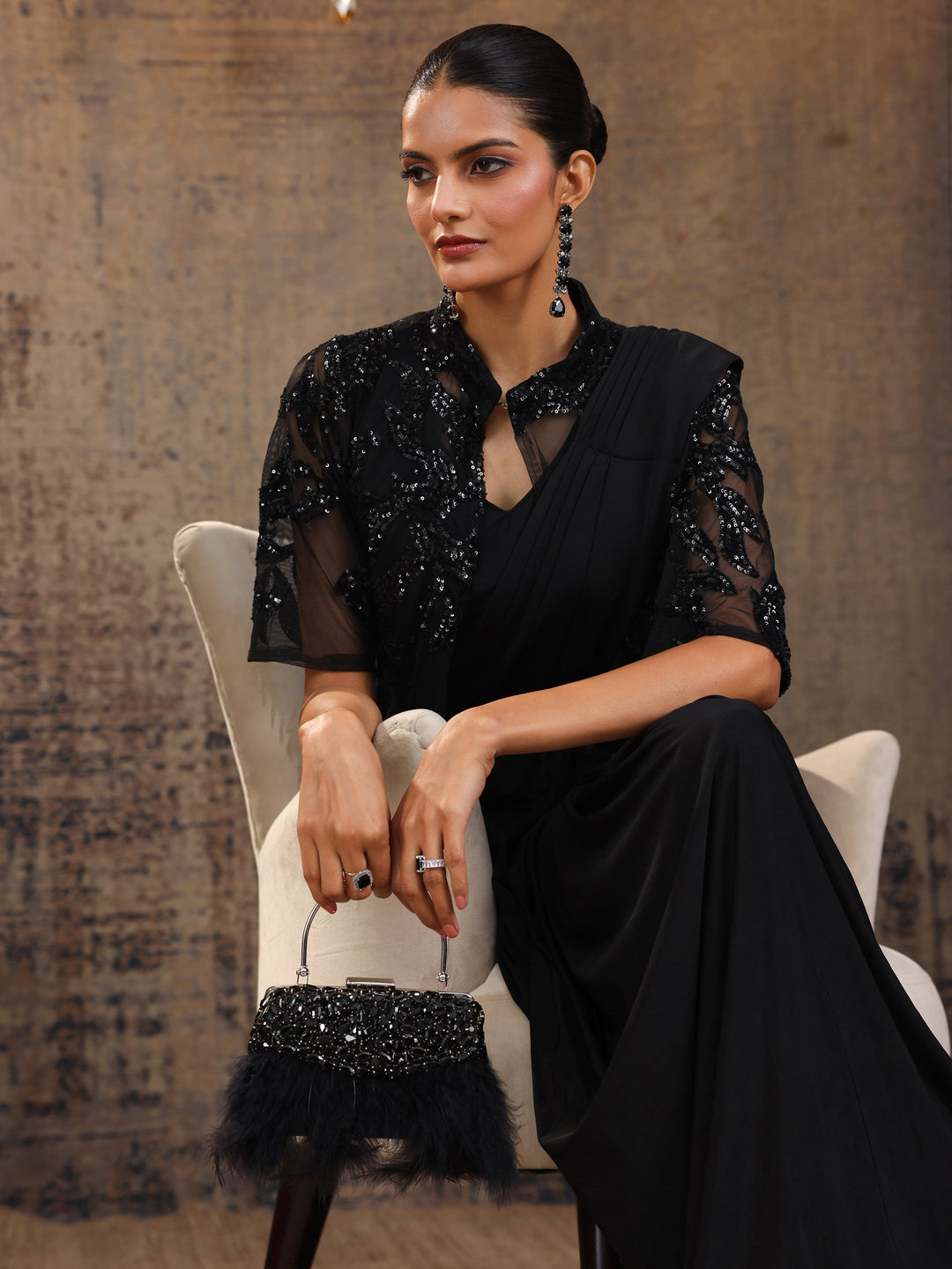  Black Embellished Nylon Saree With Unstitched Blouse Piece 