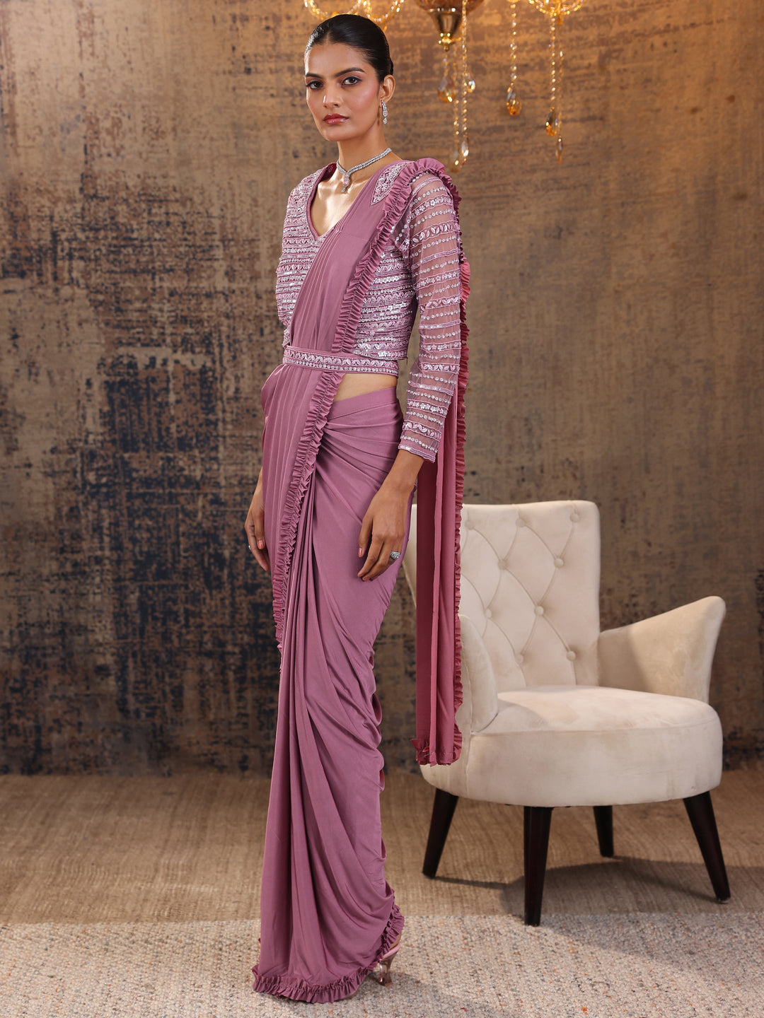  Peach Printed Nylon Ready to Wear Saree 