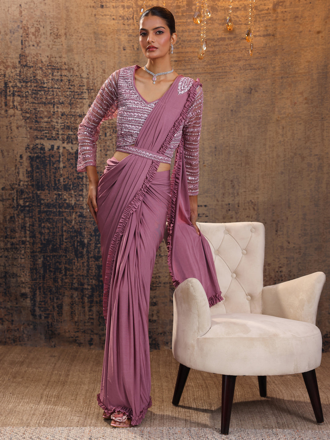 Peach Printed Nylon Ready to Wear Saree