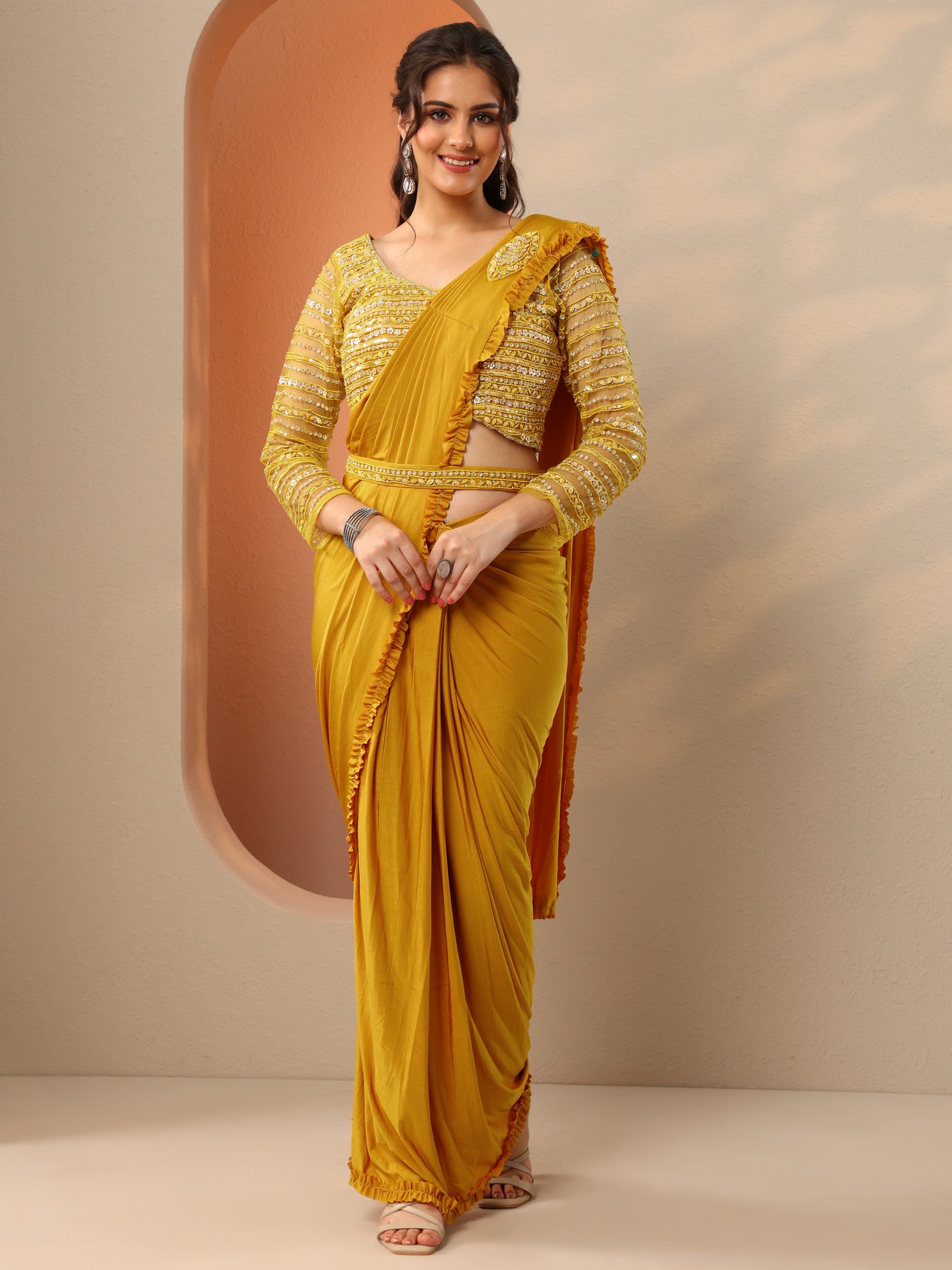Libas Art Mustard Solid Nylon Ready to Wear Saree-image-7