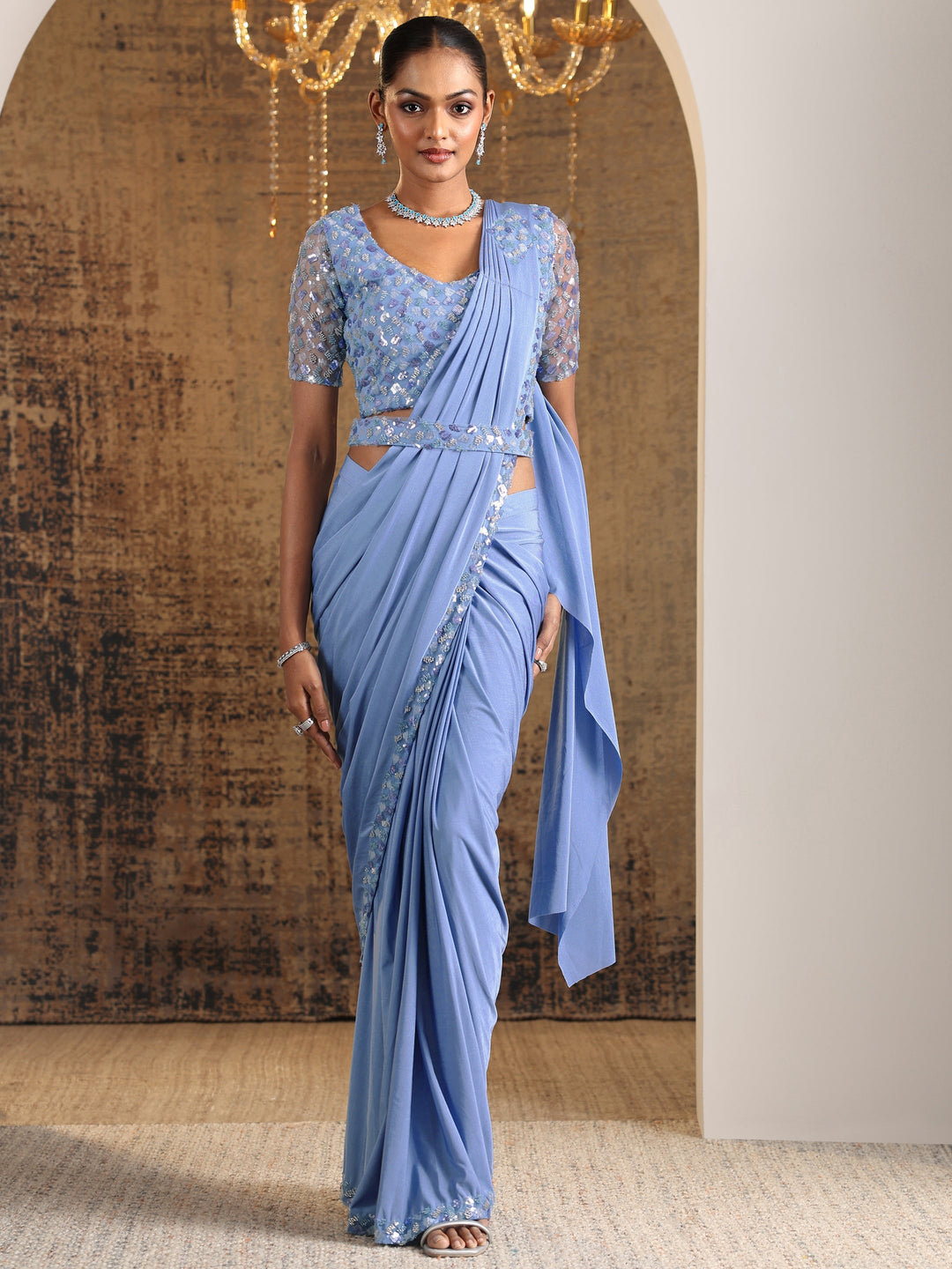  Libas Art Blue Solid Nylon Ready to Wear Saree 