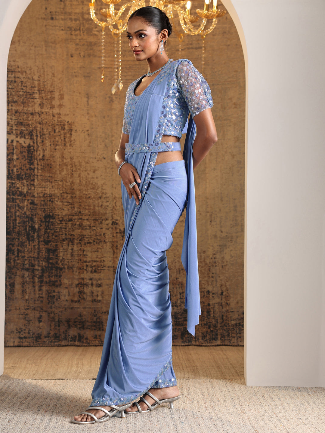  Libas Art Blue Solid Nylon Ready to Wear Saree 