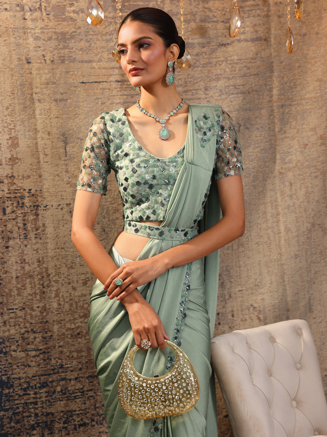 Green Solid Nylon Ready to Wear Saree