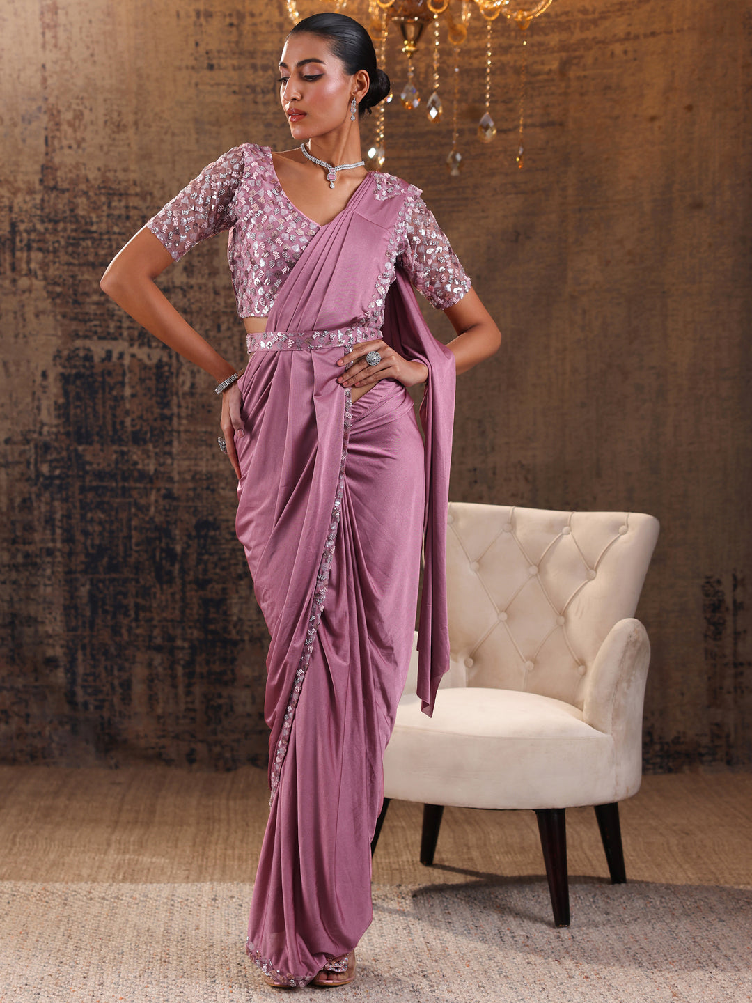  Libas Art Peach Solid Nylon Ready to Wear Saree 