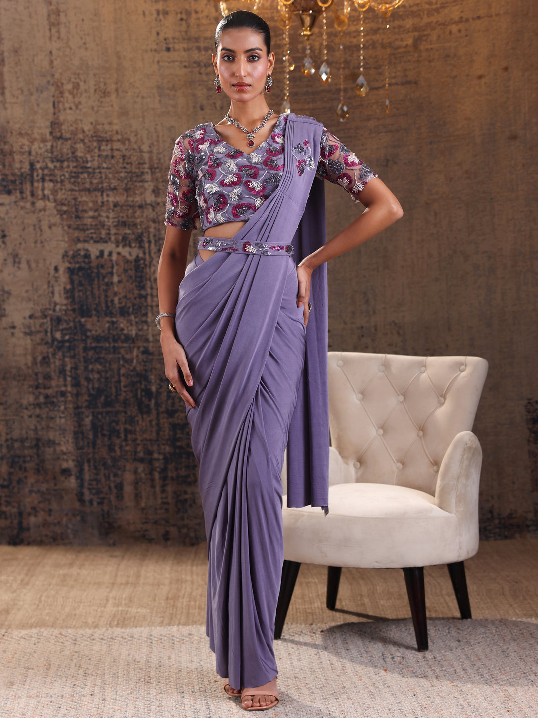  Libas Art Lavender Solid Nylon Ready to Wear Saree 