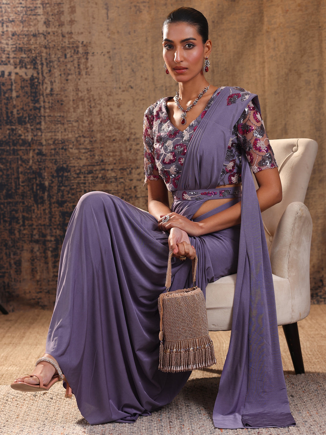  Libas Art Lavender Solid Nylon Ready to Wear Saree 
