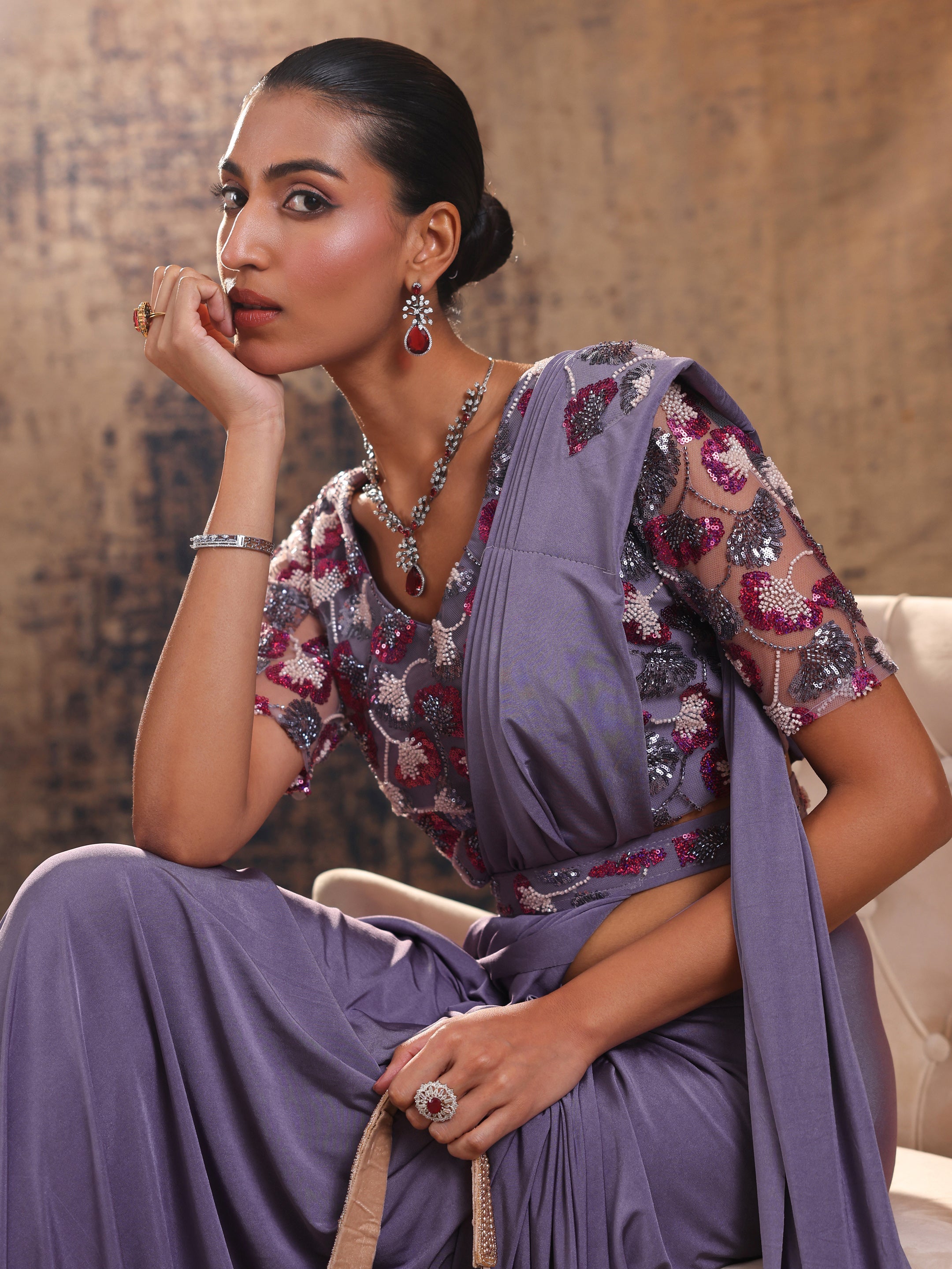 Lavender Solid Nylon Ready to Wear Saree-image-2