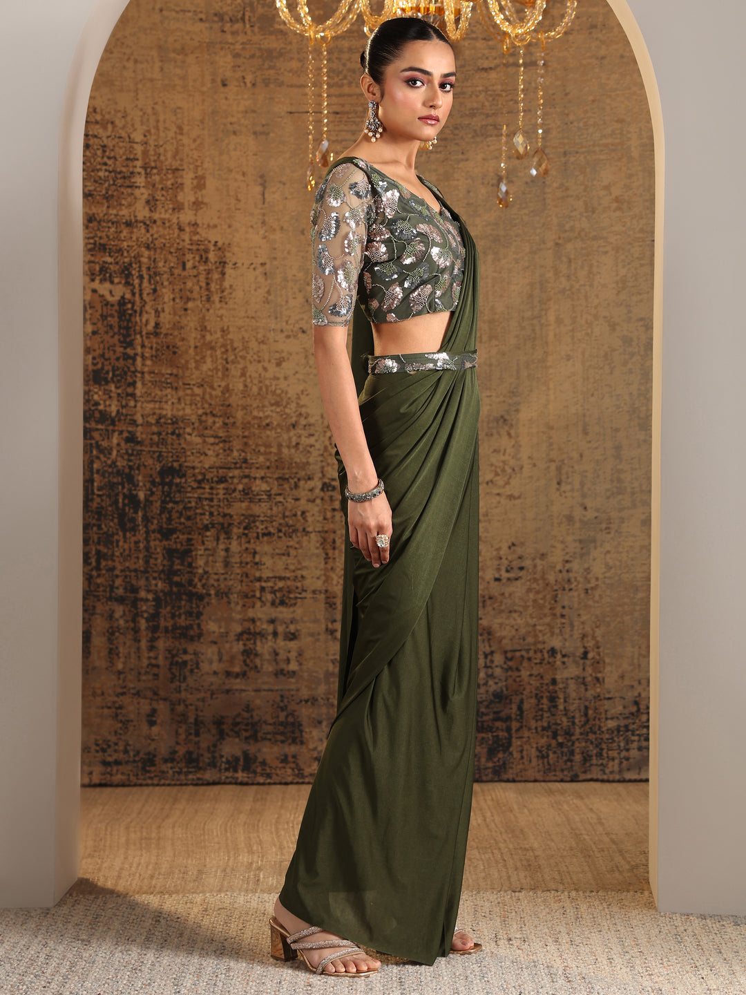  Libas Art Green Solid Nylon Ready to Wear Saree 
