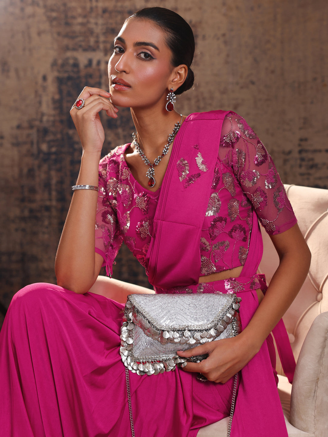 Pink Solid Nylon Ready to Wear Saree