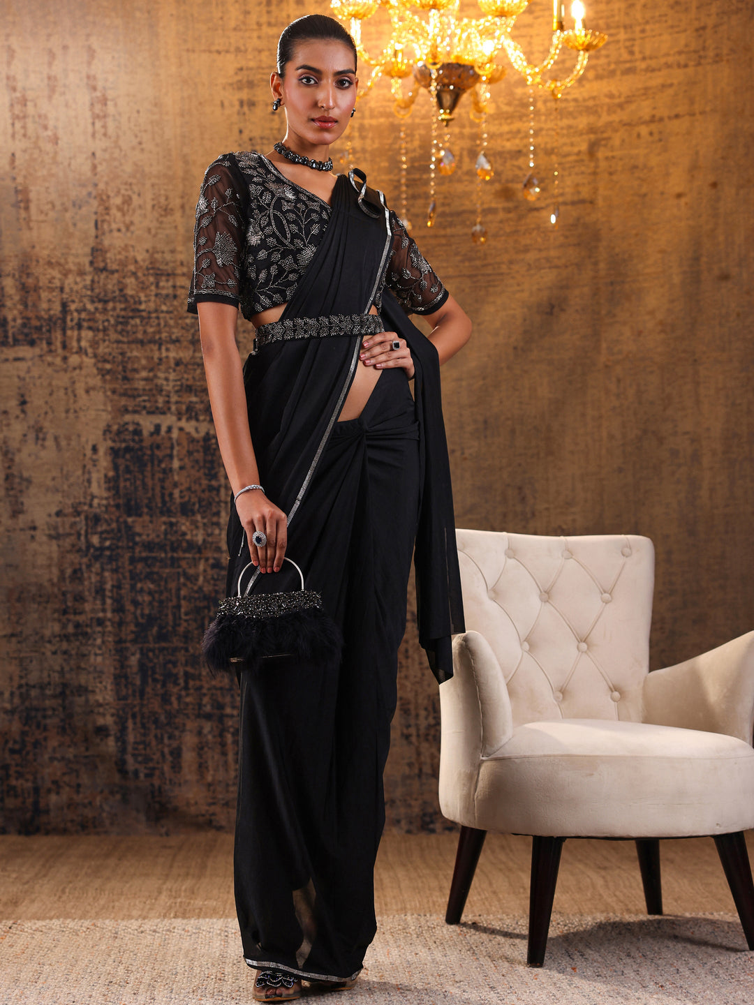  Black Solid Nylon Ready to Wear Saree 