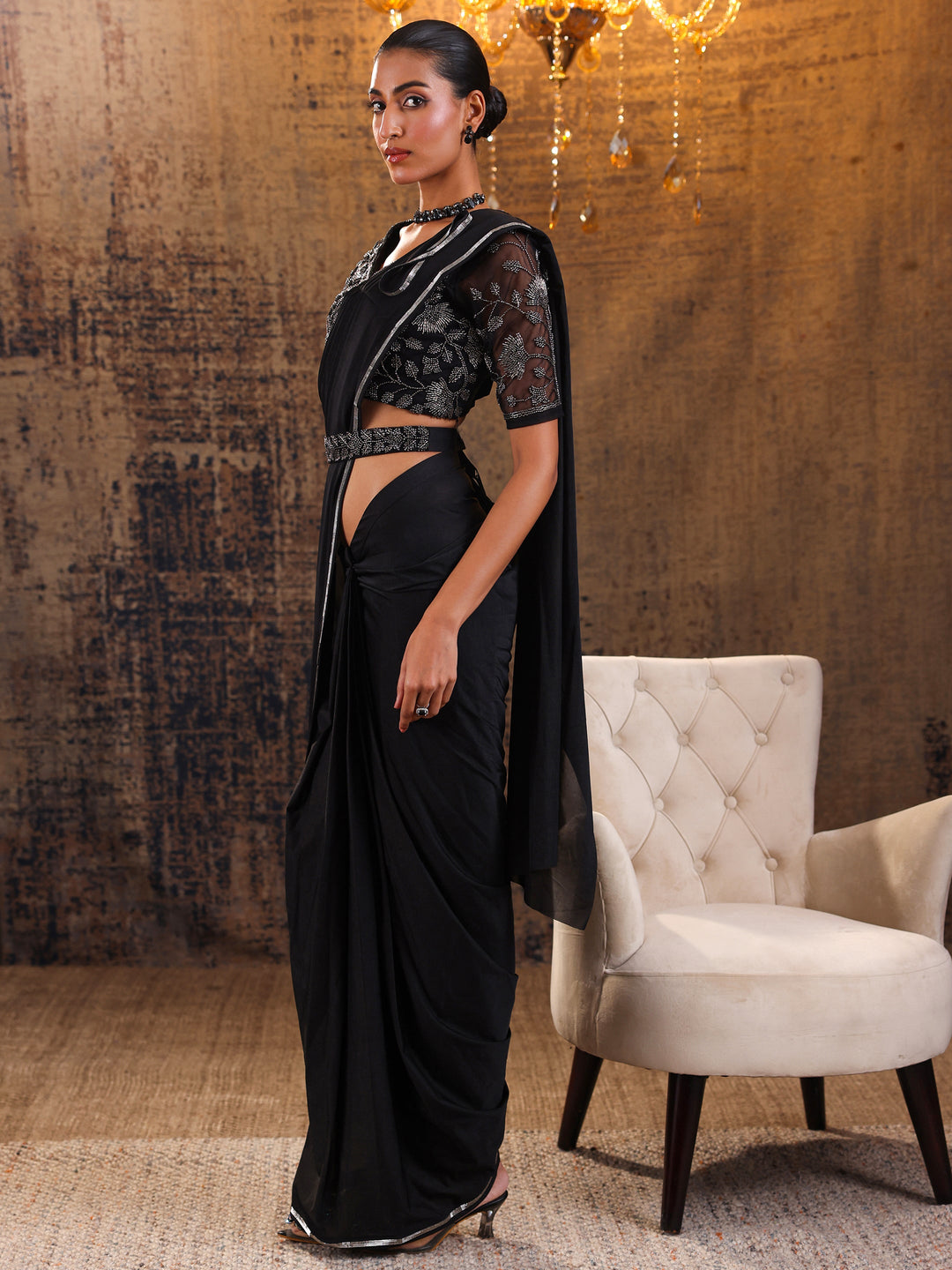  Black Solid Nylon Ready to Wear Saree 
