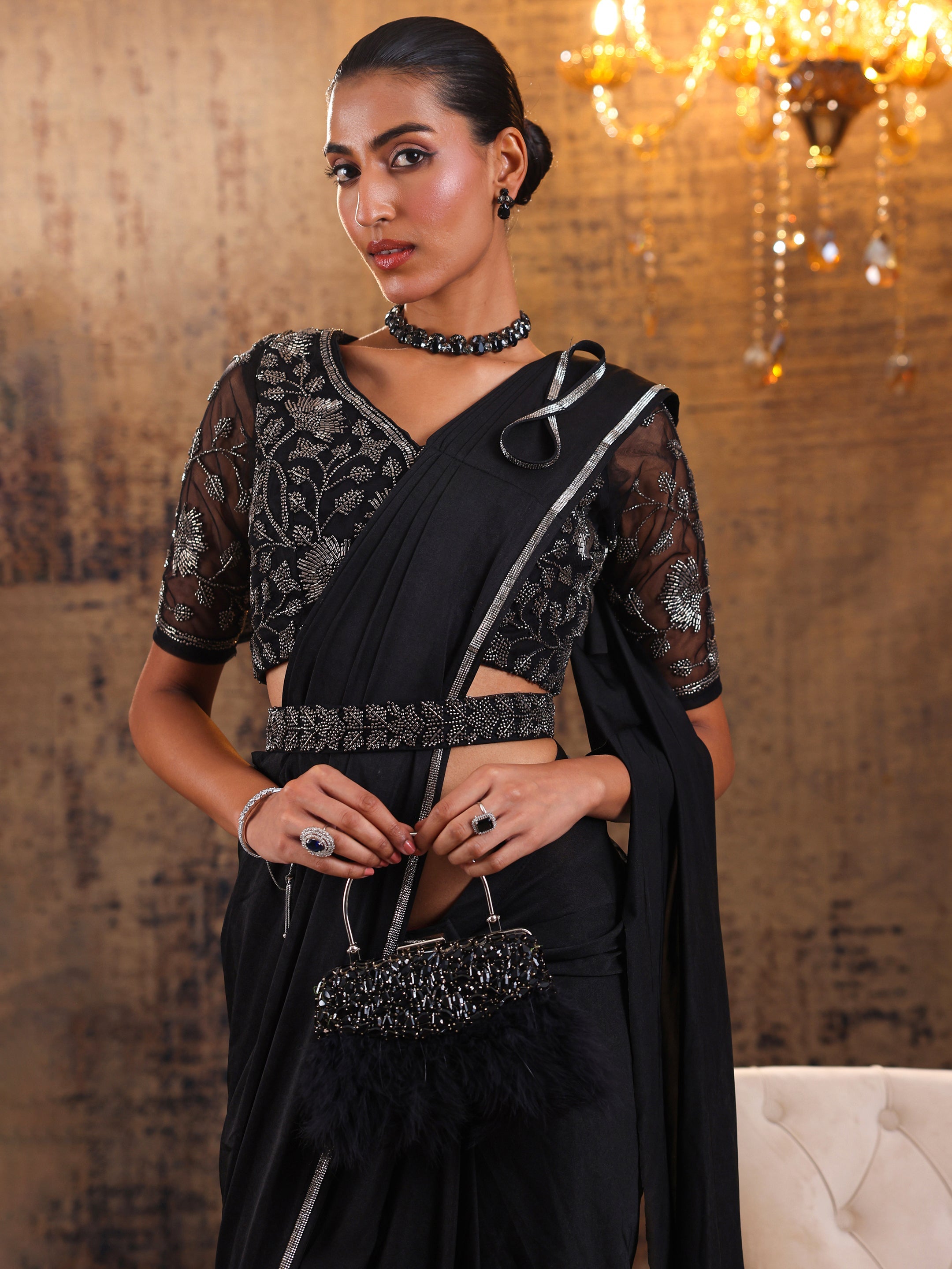 Black Solid Nylon Ready to Wear Saree-image-21