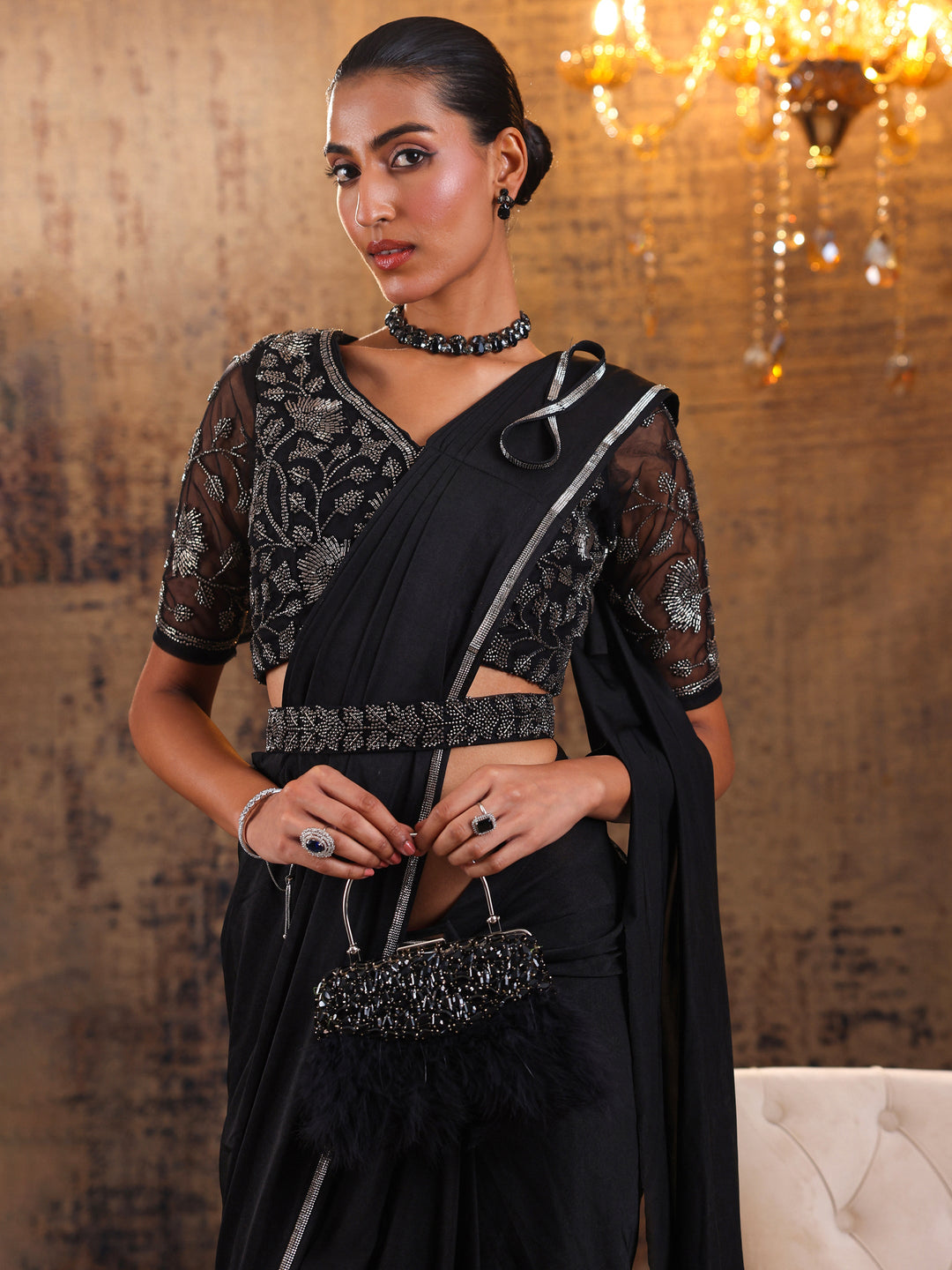 Black Solid Nylon Ready to Wear Saree