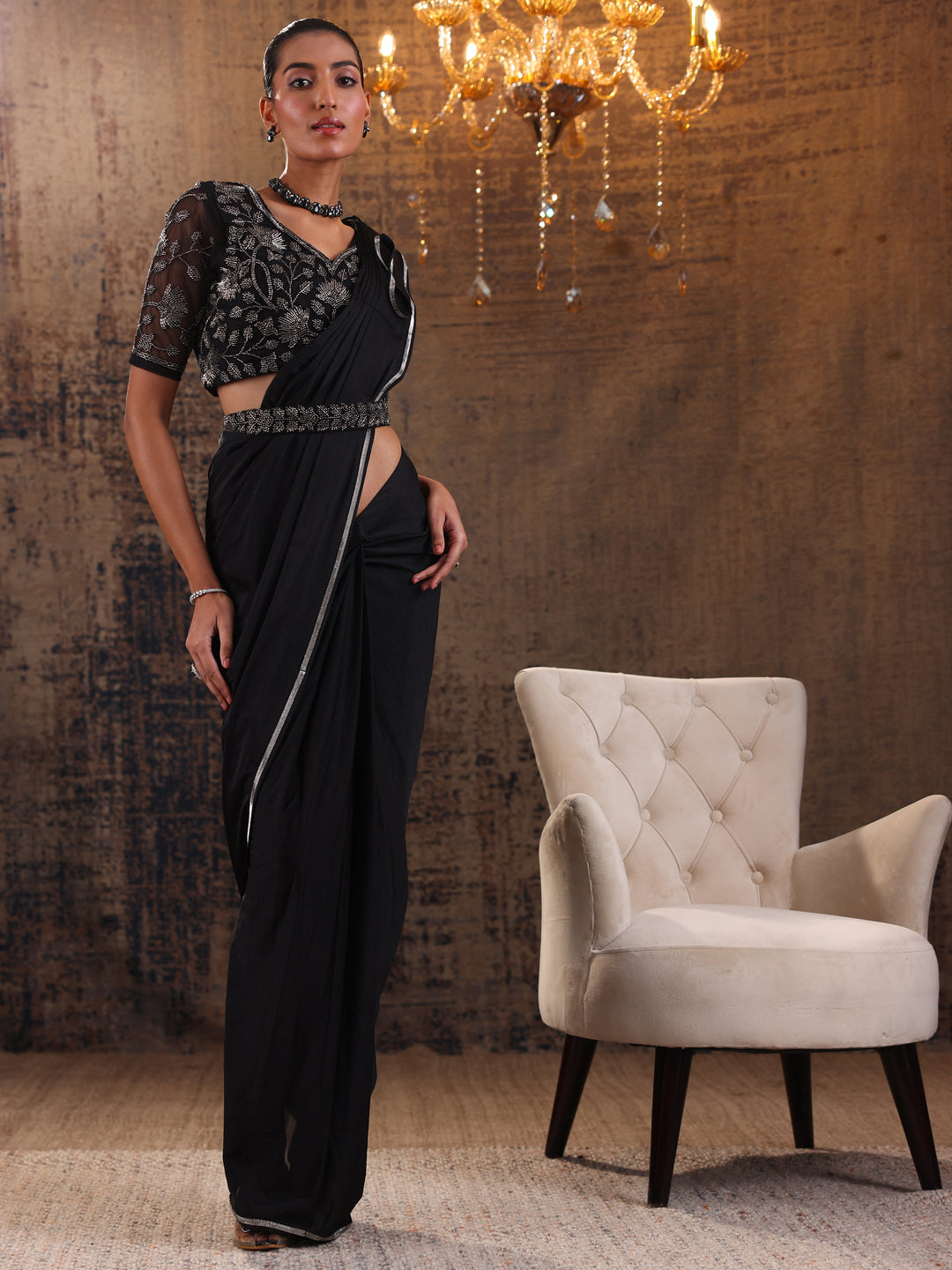  Black Solid Nylon Ready to Wear Saree 