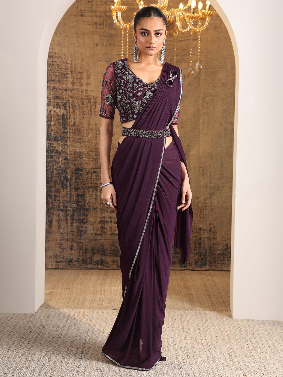  Libas Art Burgundy Solid Nylon Ready to Wear Saree 