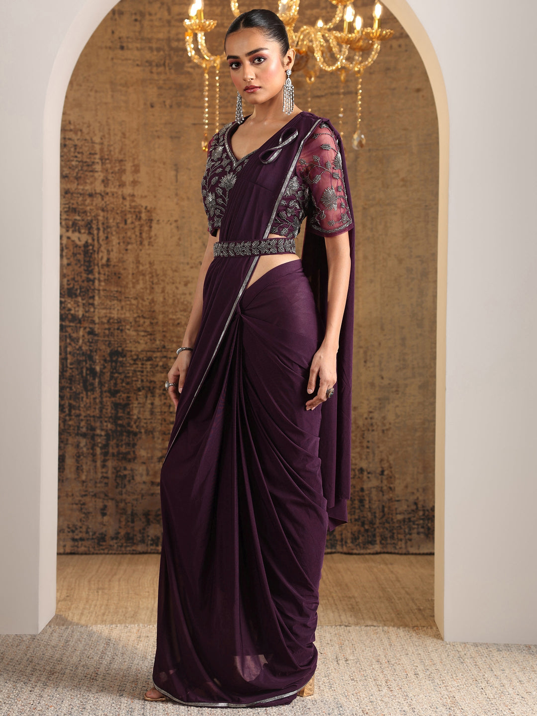  Libas Art Burgundy Solid Nylon Ready to Wear Saree 