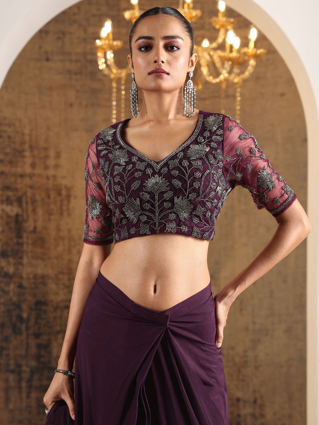  Libas Art Burgundy Solid Nylon Ready to Wear Saree 